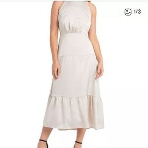 Sam Edelman Women’s Satin Dress Sz 2 High Neck Champagne Midi Tiered NWT